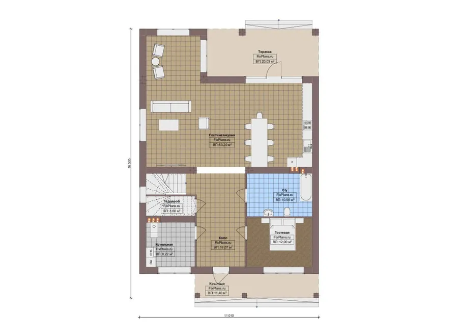 Проект двухэтажного дома 12 на 17, площадью 290 м² с террасой, балконом и 3 спальнями — 1-й этаж