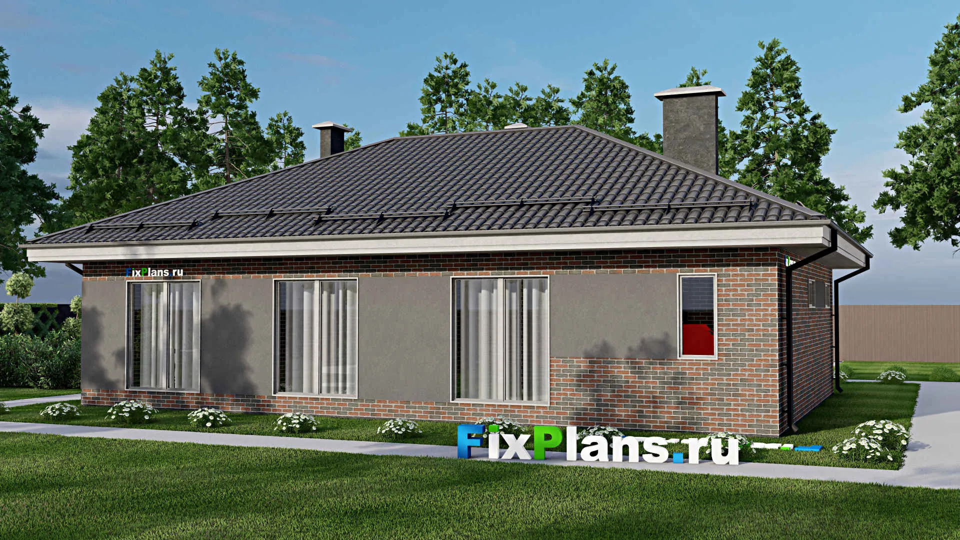 F-3635 - Проект одноэтажного дома 11 на 16, площадью 130 м² с гаражом на 2 машины и 2 спальнями