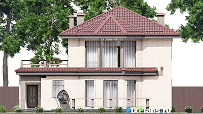 Проект двухэтажного дома 14 на 18, площадью 300 м² с террасой, балконом, гаражом на 1 машину и 3 спальнями — фасад 6