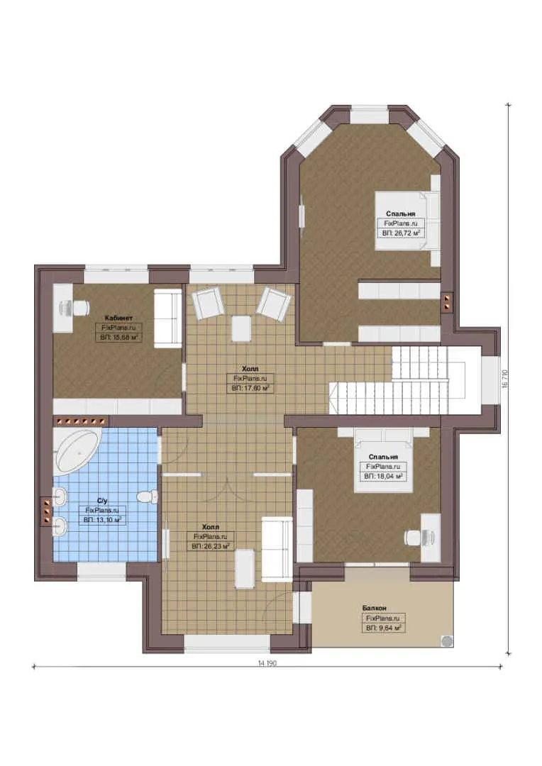Проект двухэтажного дома 15 на 17, площадью 290 м² с террасой, балконом и 2 спальнями — 2-й этаж