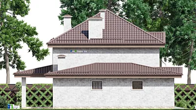 Проект двухэтажного дома 14 на 15, площадью 210 м² с террасой, баней, гаражом на 1 машину и 3 спальнями — фасад 4