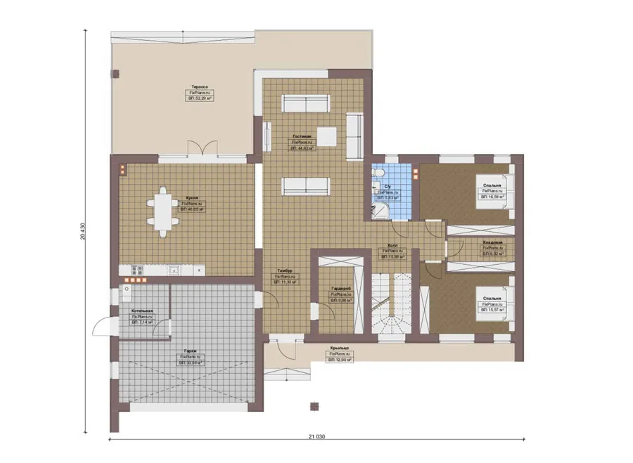 Проект двухэтажного дома 21 на 22, площадью 530 м² с террасой, балконом, гаражом на 1 машину и 6 спальнями — 1-й этаж
