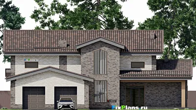 Проект дома с мансардой 20 на 20, площадью 390 м² с террасой, гаражом на 2 машины и 3 спальнями — фасад 3
