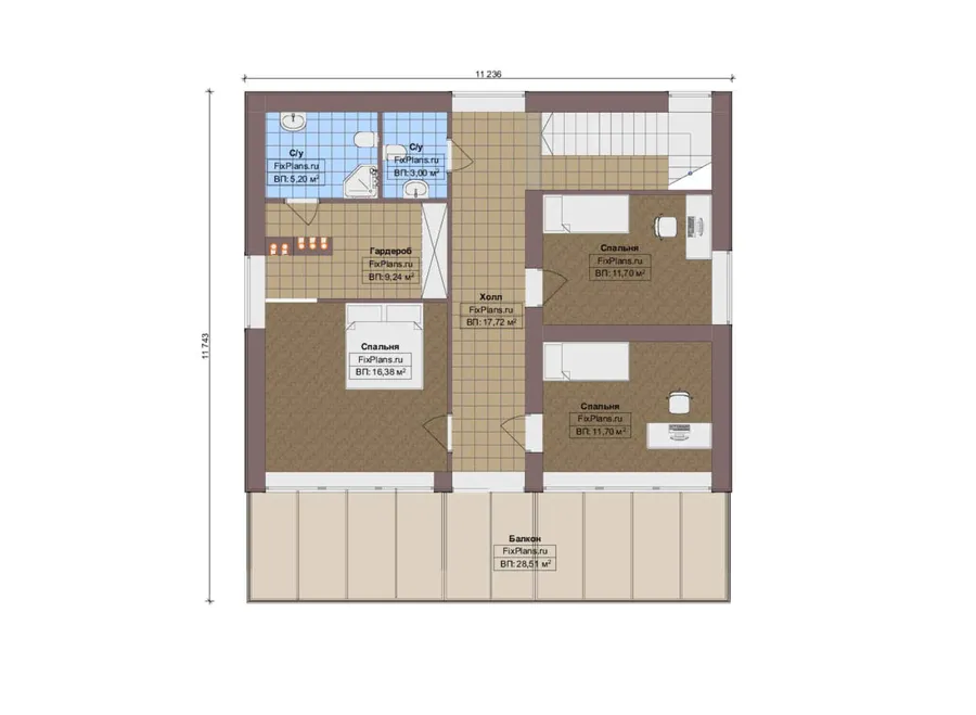 Проект двухэтажного дома 12 на 15, площадью 220 м² с террасой, балконом и 4 спальнями — 2-й этаж