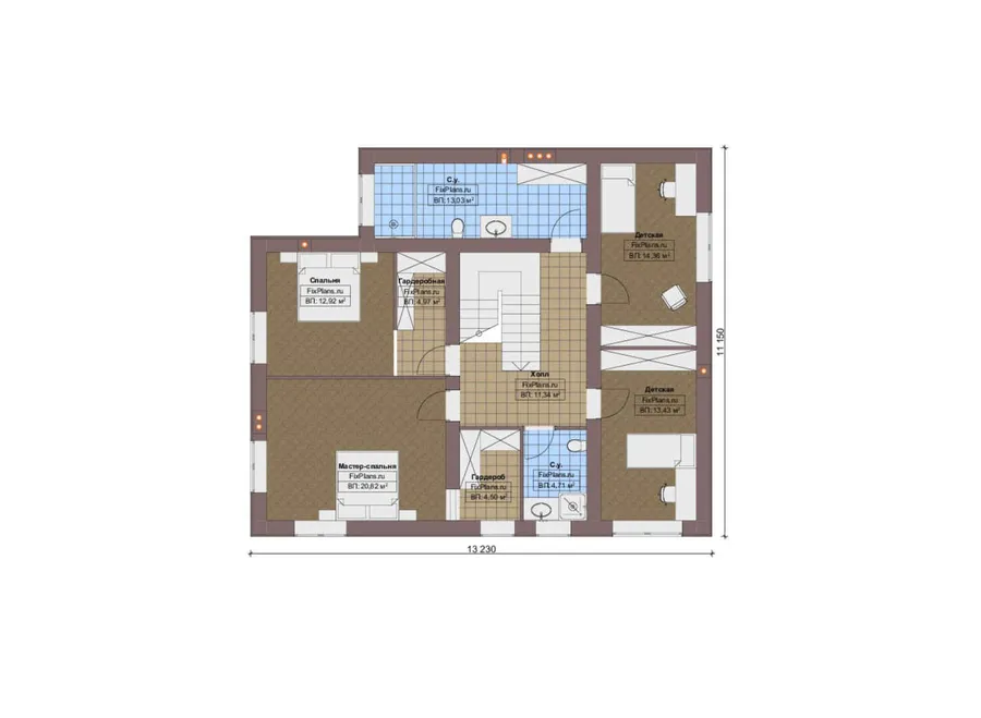 Проект двухэтажного дома 13 на 20, площадью 260 м² с террасой и 3 спальнями — 2-й этаж