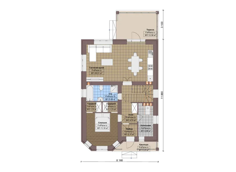 Проект дома с мансардой 9 на 12, площадью 150 м² с террасой, балконом и 5 спальнями — 1-й этаж