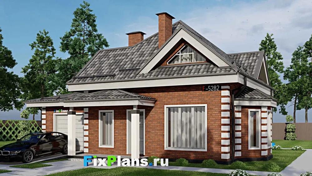 Проект дома с мансардой 13 на 14, площадью 150 м² с террасой, гаражом на 1 машину и 4 спальнями — фасад 1