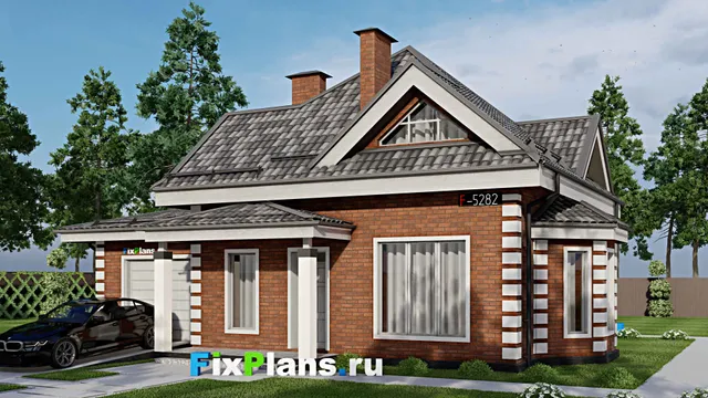 Проект дома с мансардой 13 на 14, площадью 150 м² с террасой, гаражом на 1 машину и 4 спальнями