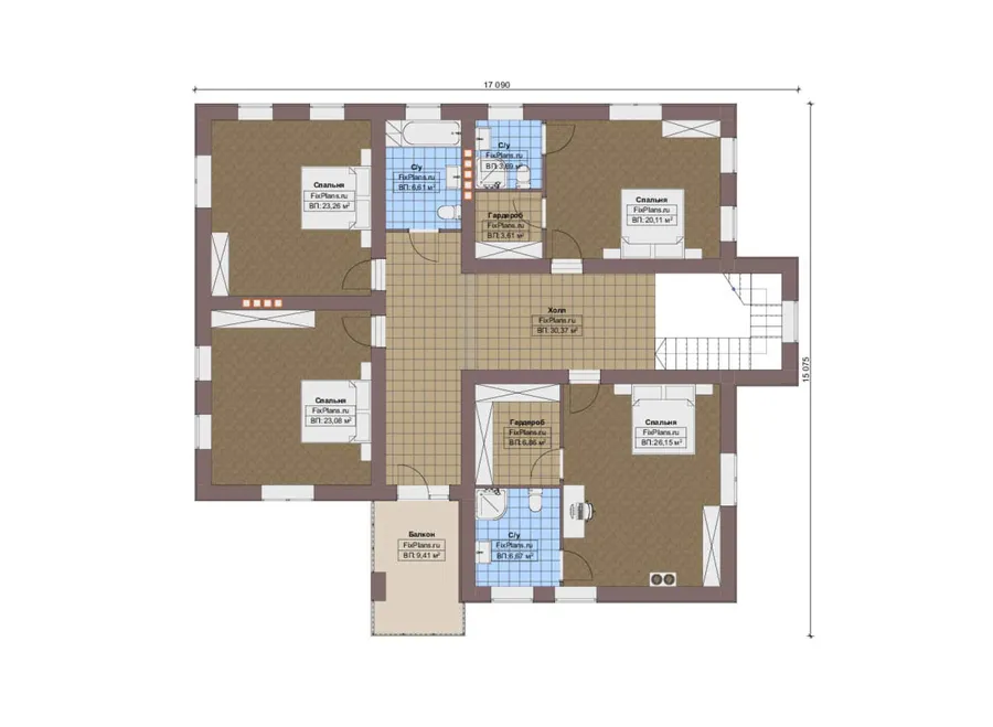 Проект двухэтажного дома 18 на 19, площадью 360 м² с террасой, балконом и 5 спальнями — 2-й этаж