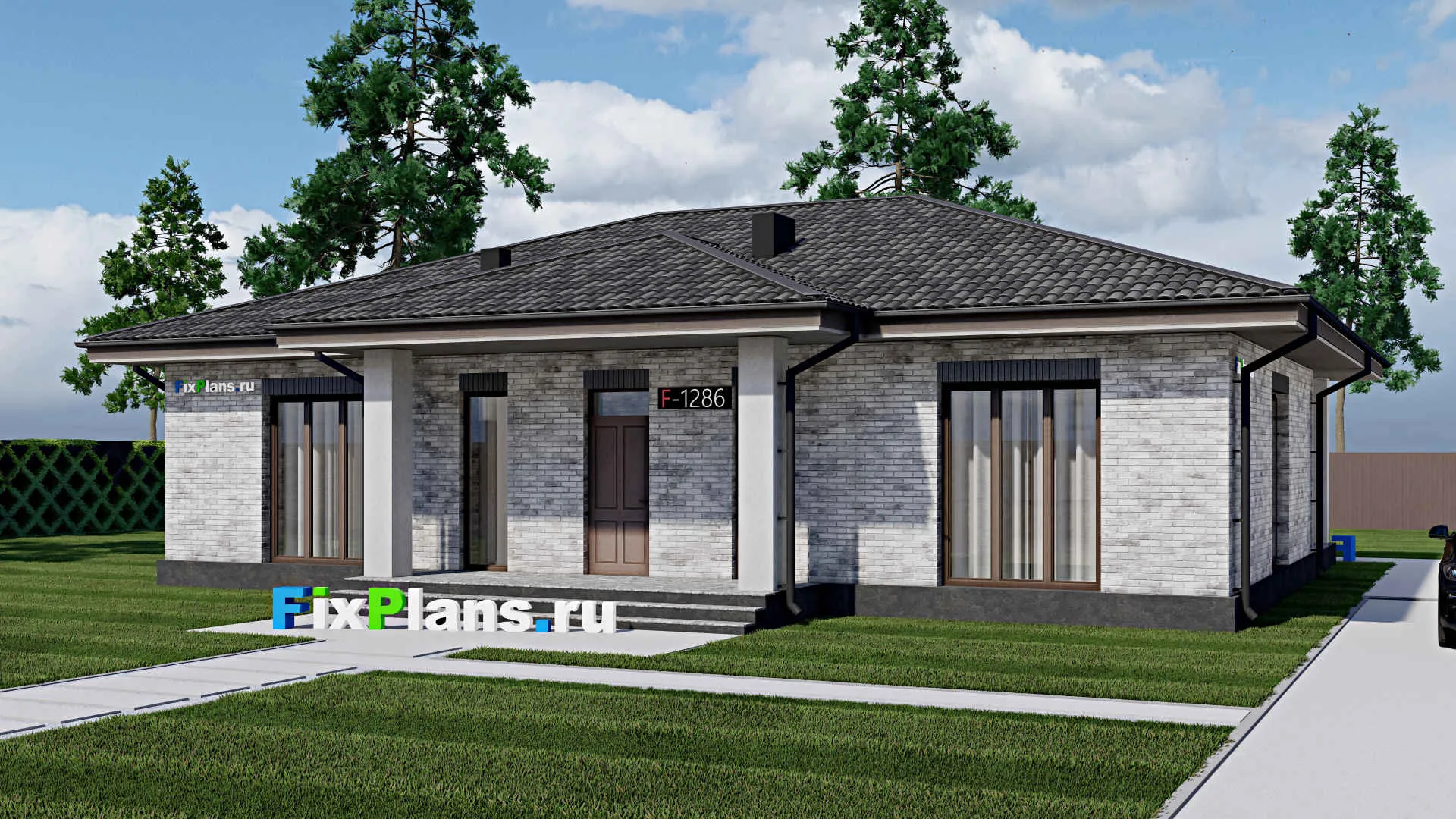 F-1286 - Проект одноэтажного дома 12 на 16, площадью 170 м² с террасой и 3 спальнями