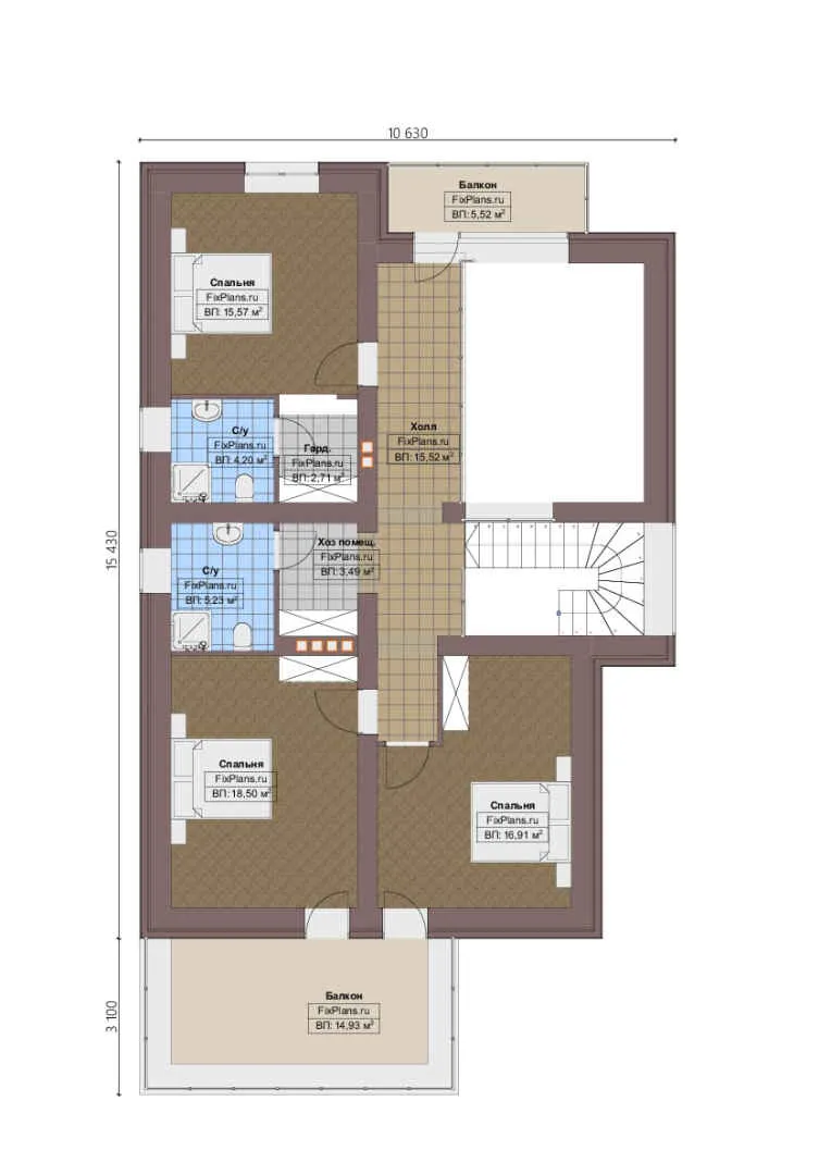Проект дома с мансардой 11 на 19, площадью 240 м² с террасой, балконом, гаражом на 1 машину и 3 спальнями — 2-й этаж