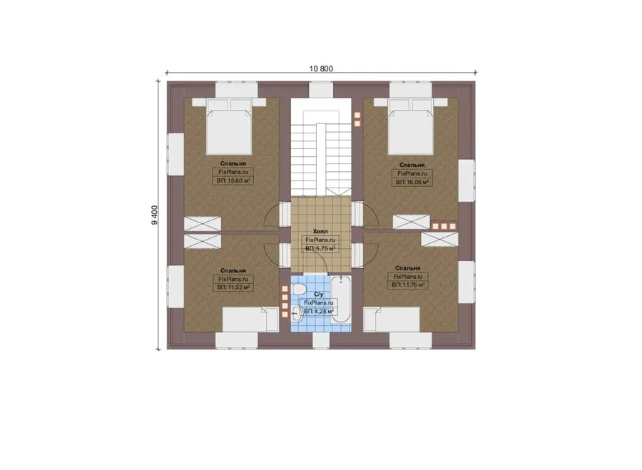 Проект двухэтажного дома 11 на 11, площадью 370 м² с террасой и 9 спальнями — 2-й этаж