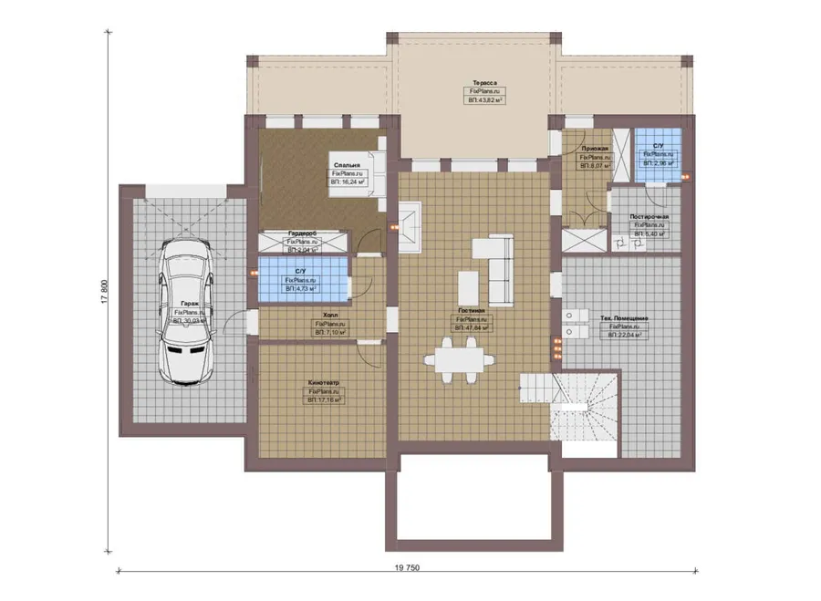 Проект двухэтажного дома 18 на 20, площадью 440 м² с террасой, цокольным этажом, гаражом на 1 машину и 3 спальнями — 1-й этаж
