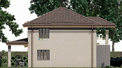 Проект двухэтажного дома 15 на 15, площадью 200 м² с террасой, балконом, гаражом на 1 машину и 6 спальнями — фасад 4