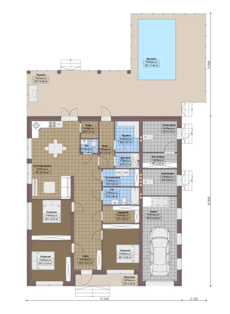 Проект одноэтажного дома 14 на 15, площадью 260 м² с террасой, баней, гаражом на 1 машину, бассейном и 3 спальнями — 1-й этаж