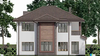 Проект двухэтажного дома 14 на 15, площадью 270 м² с террасой, балконом и 4 спальнями — фасад 4