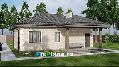 Проект одноэтажного дома 9 на 12, площадью 80 м² с террасой и 2 спальнями — фасад 2