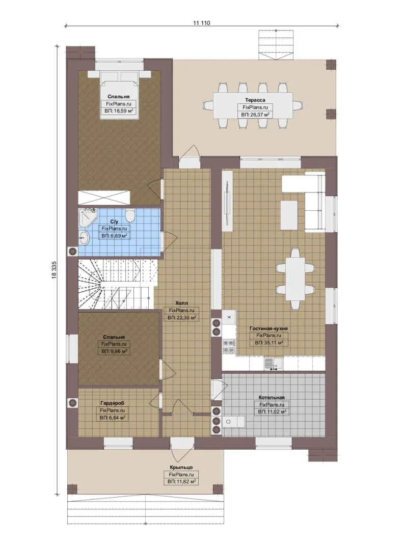 Проект двухэтажного дома 12 на 19, площадью 290 м² с террасой, балконом и 7 спальнями — 1-й этаж