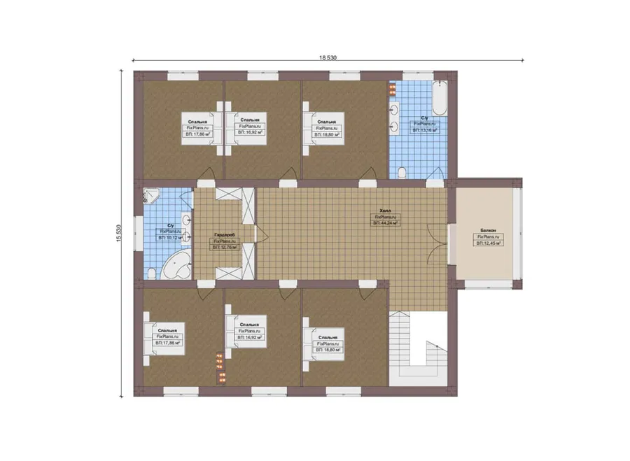 Проект двухэтажного дома 19 на 21, площадью 490 м² с террасой, балконом, баней, спортзалом и 8 спальнями — 2-й этаж