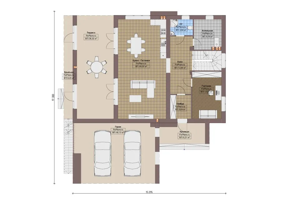 Проект дома с мансардой 16 на 18, площадью 360 м² с террасой, балконом, гаражом на 2 машины и 3 спальнями — 1-й этаж