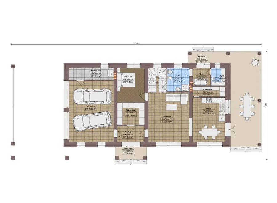Проект двухэтажного дома 12 на 28, площадью 270 м² с террасой, баней, гаражом на 1 машину и 5 спальнями — 1-й этаж