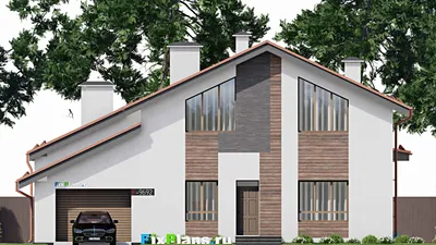 Проект дома с мансардой 16 на 18, площадью 300 м² с террасой, баней, гаражом на 1 машину и 4 спальнями — фасад 3