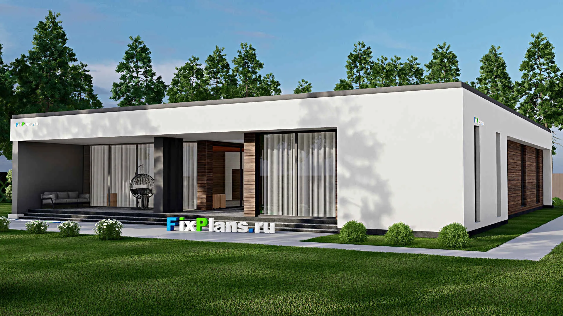 F-3158 - Проект одноэтажного дома 22 на 26, площадью 400 м² с террасой и 4 спальнями