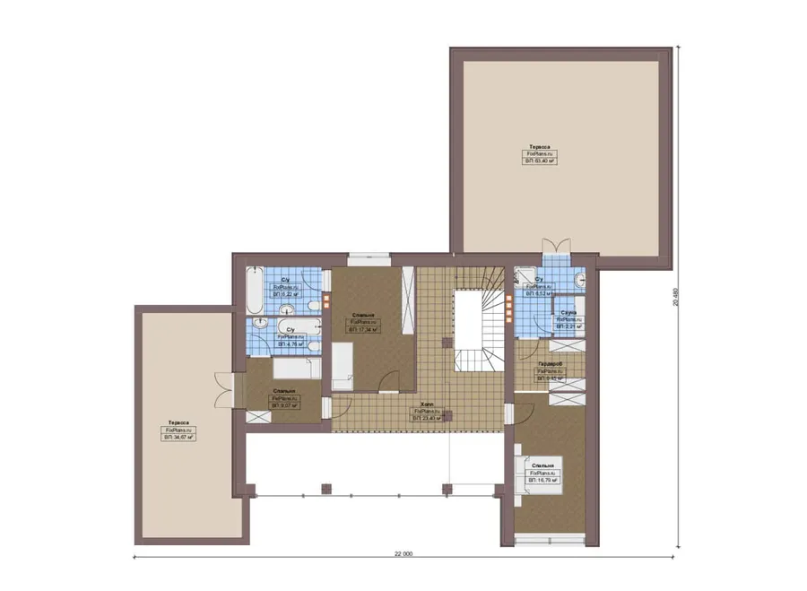 Проект двухэтажного дома 21 на 22, площадью 450 м² с террасой, баней, гаражом на 2 машины и 3 спальнями — 2-й этаж