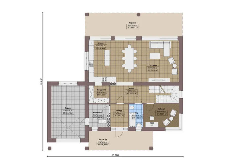 Проект двухэтажного дома 16 на 16, площадью 290 м² с террасой, балконом, гаражом на 1 машину и 4 спальнями — 1-й этаж
