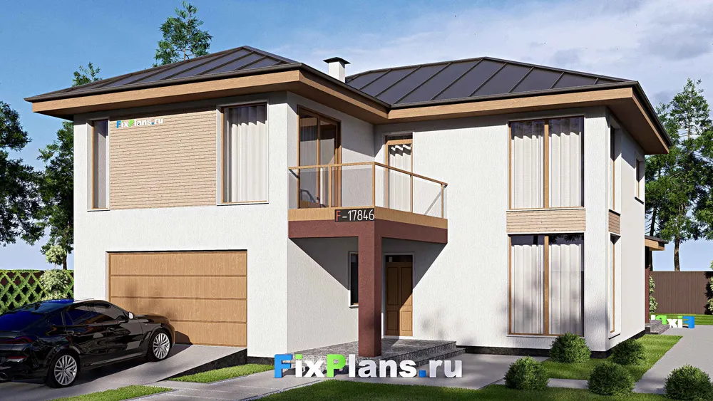 Проект двухэтажного дома 14 на 19, площадью 310 м² с террасой, балконом, гаражом на 2 машины и 4 спальнями — фасад 1