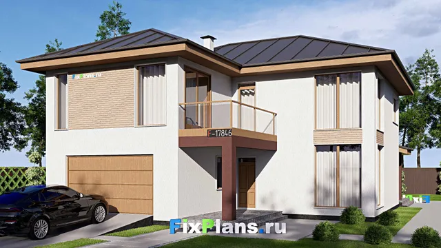 Проект двухэтажного дома 14 на 19, площадью 310 м² с террасой, балконом, гаражом на 2 машины и 4 спальнями