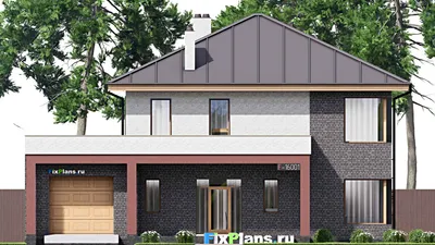Проект двухэтажного дома 16 на 16, площадью 290 м² с террасой, балконом, гаражом на 1 машину и 4 спальнями — фасад 3