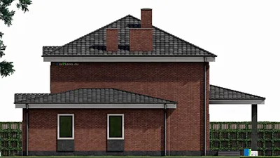 Проект двухэтажного дома 13 на 17, площадью 260 м² с террасой, баней, гаражом на 1 машину и 3 спальнями — фасад 5