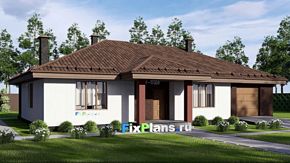 Проект одноэтажного дома 14 на 19, площадью 180 м² с террасой, гаражом на 2 машины и 3 спальнями — фасад 1