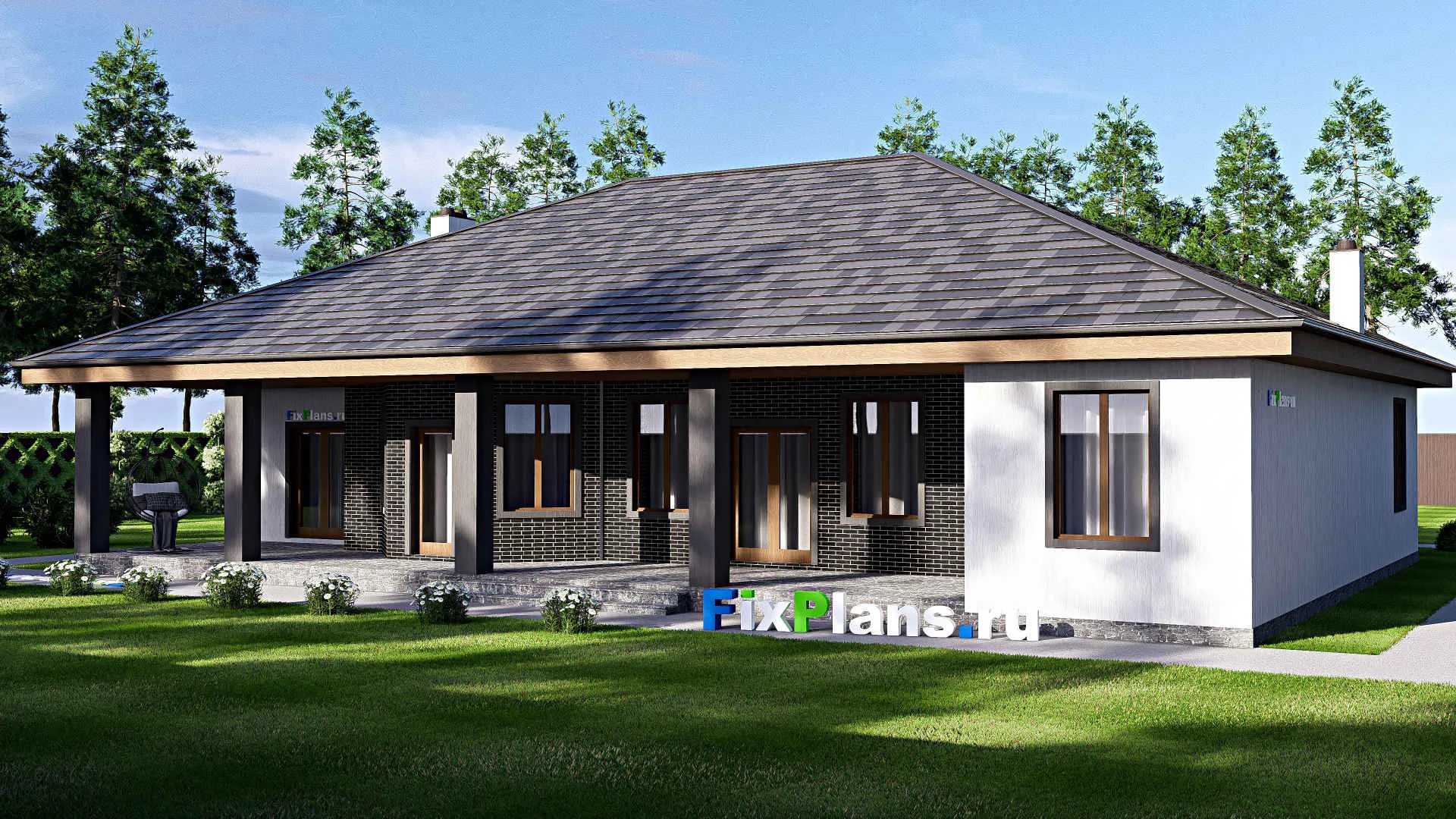 F-17297 - Проект одноэтажного дома 20 на 24, площадью 300 м² с террасой, гаражом на 2 машины и 4 спальнями