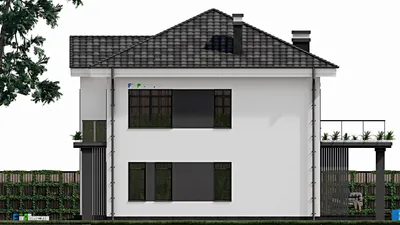 Проект двухэтажного дома 10 на 11, площадью 170 м² с террасой, балконом, гаражом на 1 машину и 4 спальнями — фасад 5
