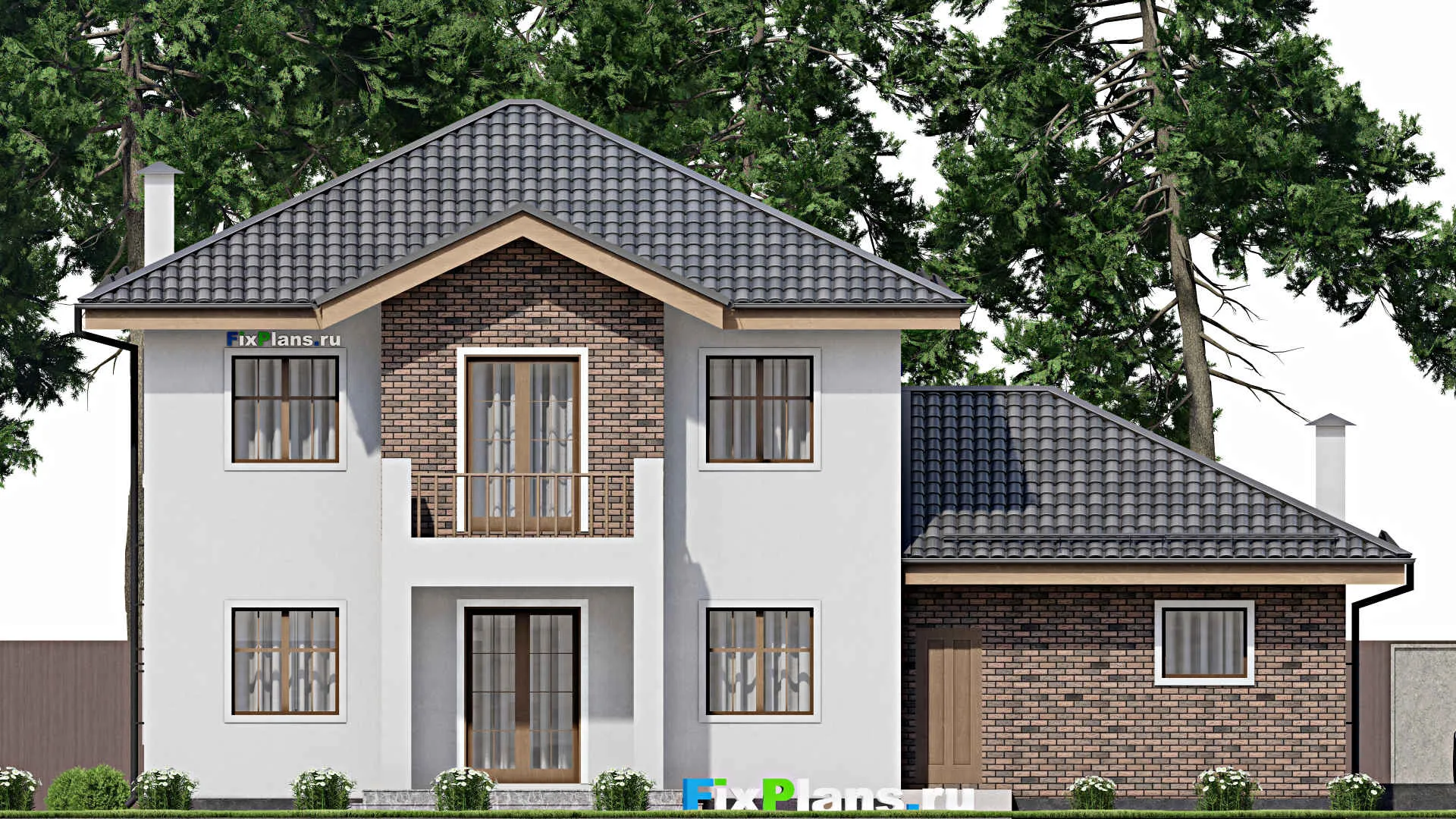 F-12338 - Проект двухэтажного дома 13 на 17, площадью 220 м² с террасой, балконом, гаражом на 2 машины и 3 спальнями