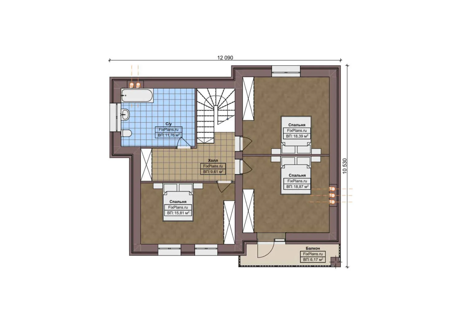 F-6794 - Планы дома с мансардой 13 на 13, площадью 200 м² с террасой, балконом и 4 спальнями