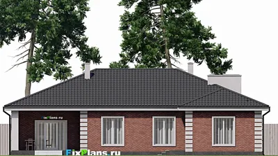 Проект одноэтажного дома 17 на 19, площадью 200 м² с террасой, баней, гаражом на 1 машину и 3 спальнями — фасад 4