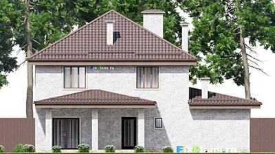 Проект двухэтажного дома 14 на 15, площадью 210 м² с террасой, баней, гаражом на 1 машину и 3 спальнями — фасад 6
