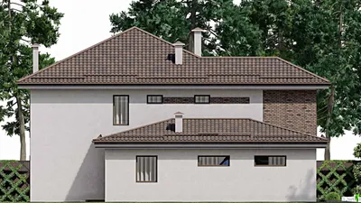 Проект двухэтажного дома 16 на 17, площадью 300 м² с террасой, балконом, баней, гаражом на 2 машины и 5 спальнями — фасад 4
