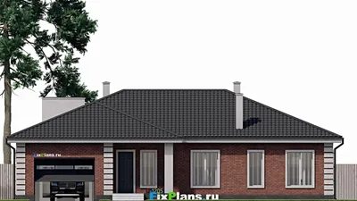 Проект одноэтажного дома 17 на 19, площадью 200 м² с террасой, баней, гаражом на 1 машину и 3 спальнями — фасад 3