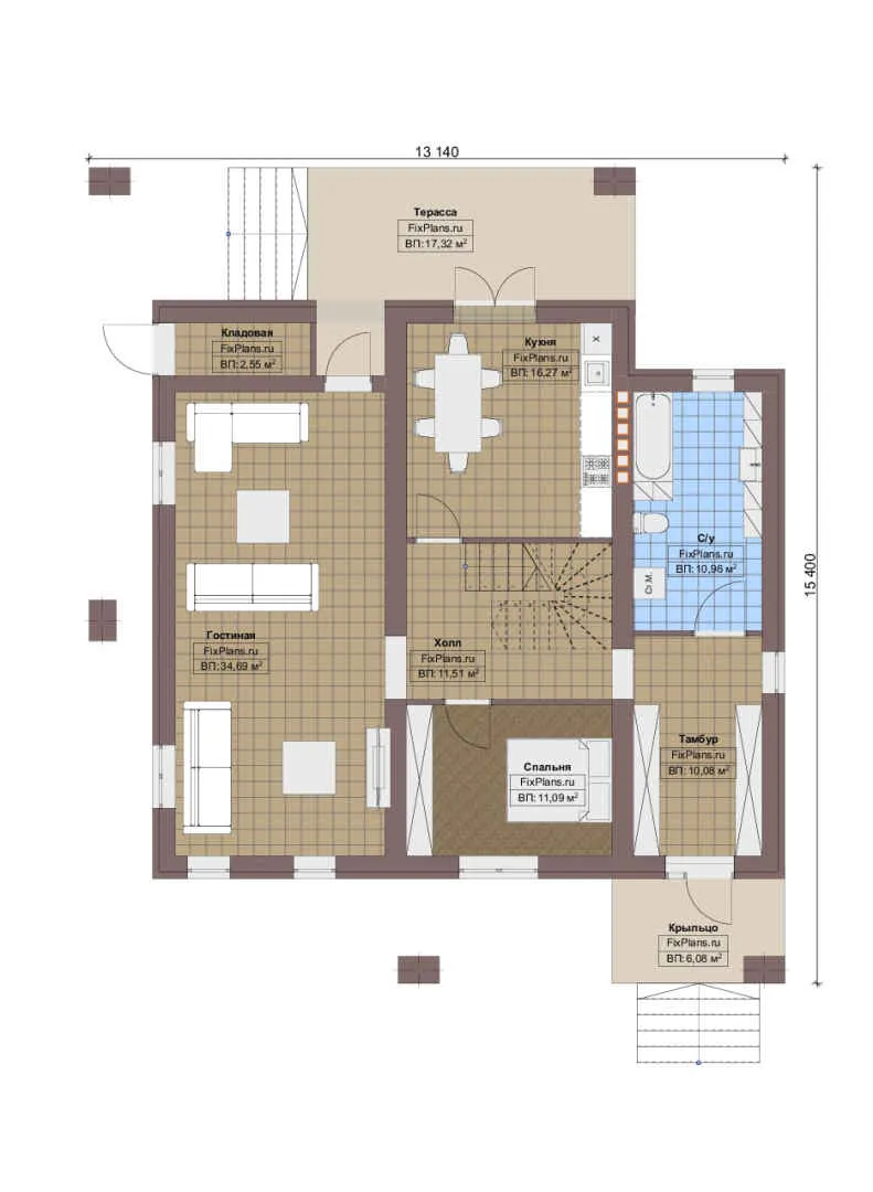 Проект двухэтажного дома 14 на 16, площадью 270 м² с террасой, балконом и 6 спальнями — 1-й этаж