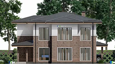Проект двухэтажного дома 16 на 18, площадью 250 м² с террасой, баней, гаражом на 2 машины и 4 спальнями — фасад 4