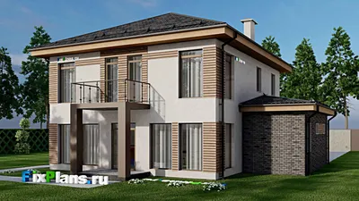 Проект двухэтажного дома 14 на 16, площадью 230 м² с террасой, балконом, гаражом на 1 машину и 5 спальнями — фасад 2