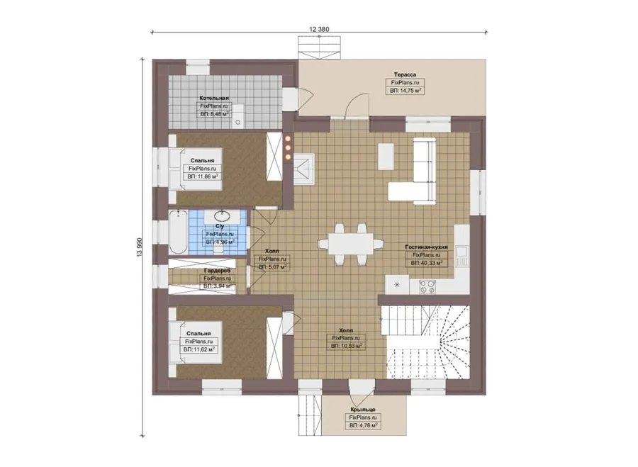 Проект двухэтажного дома 13 на 14, площадью 270 м² с террасой, балконом и 5 спальнями — 1-й этаж