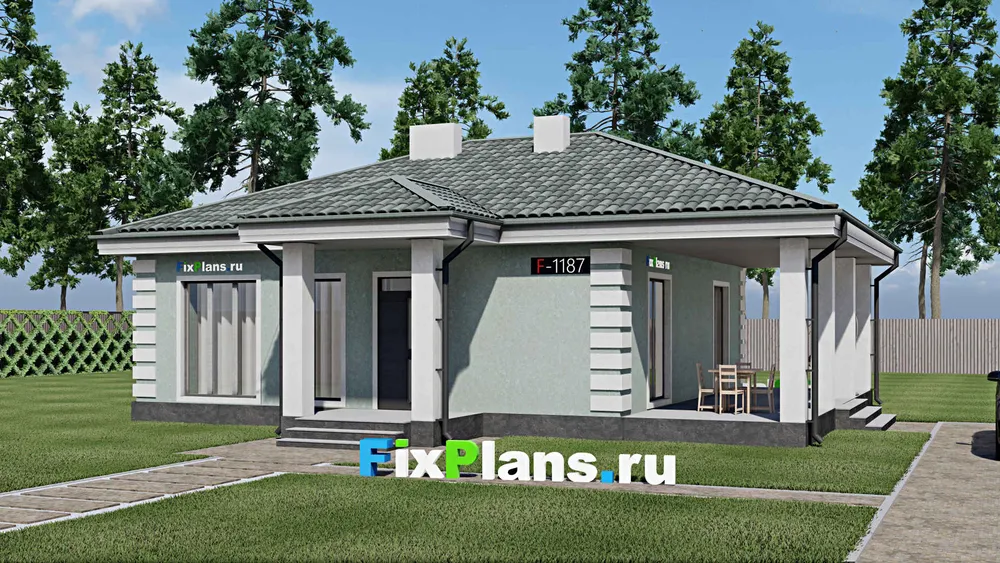 Проект одноэтажного дома 10 на 10, площадью 120 м² с террасой и 3 спальнями — фасад 1