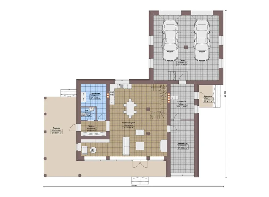 Проект двухэтажного дома 21 на 22, площадью 450 м² с террасой, баней, гаражом на 2 машины и 3 спальнями — 1-й этаж