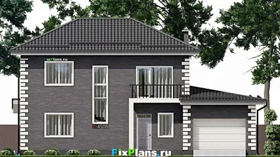 Проект двухэтажного дома 10 на 16, площадью 210 м² с террасой, балконом, гаражом на 2 машины и 3 спальнями — фасад 3