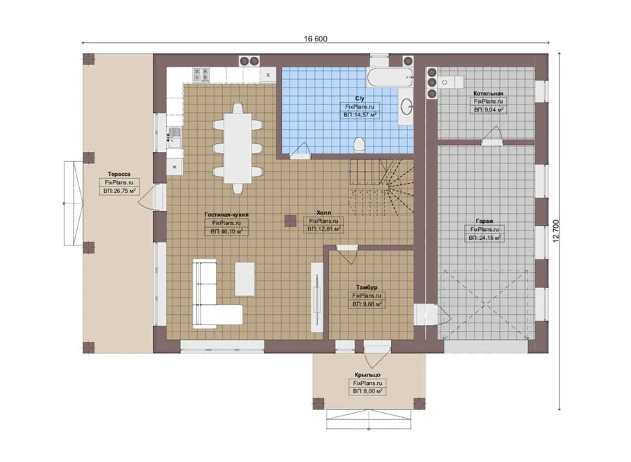 Проект двухэтажного дома 13 на 17, площадью 270 м² с террасой, гаражом на 1 машину и 4 спальнями — 1-й этаж